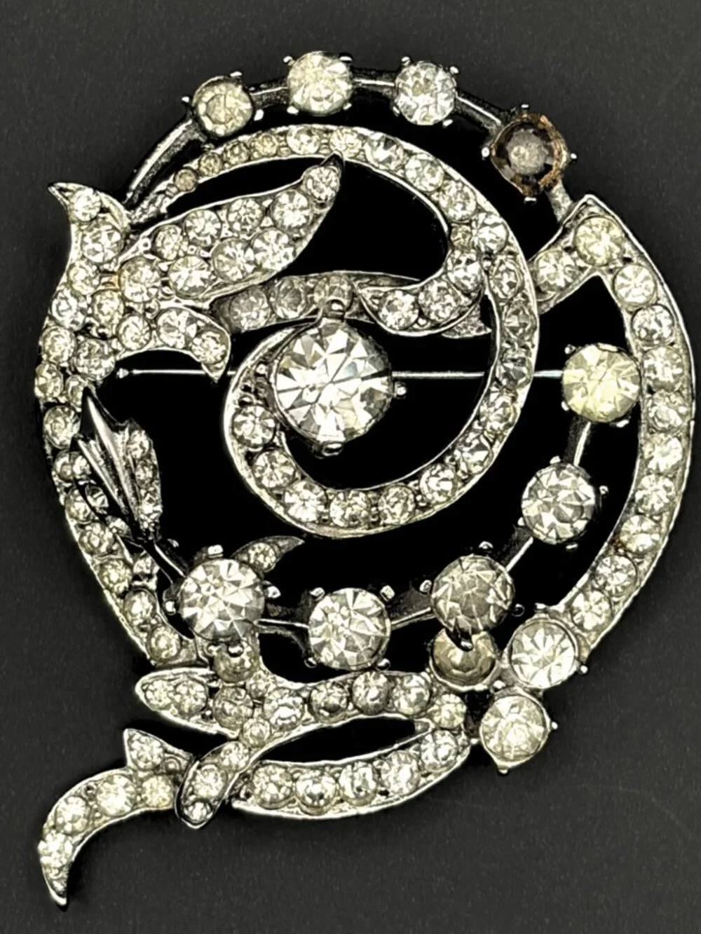 Vintage Crystal Rhinestone Brooch Pin Silver Tone Statement Swirl Jewelry